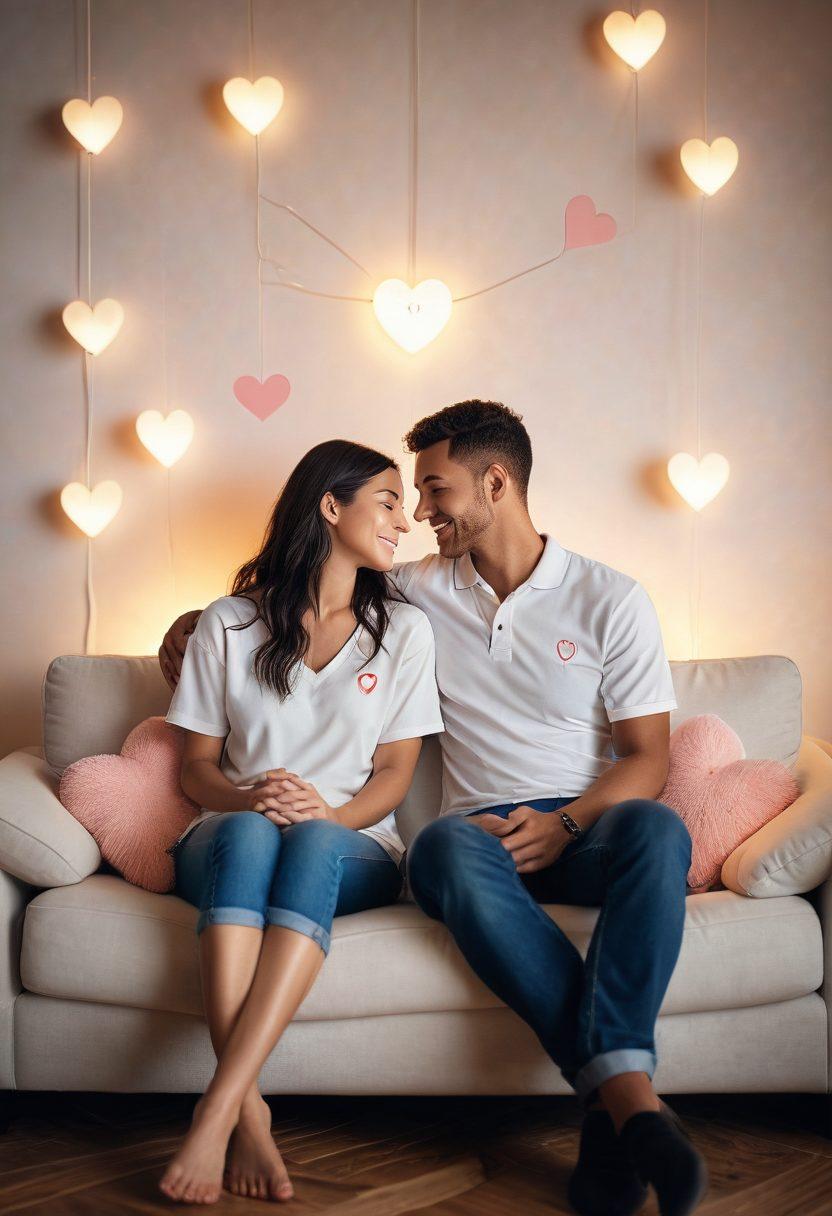 A serene couple sitting on a cozy couch, surrounded by floating heart-shaped icons representing emotional connections and wellness, while a shield symbolizing protection envelops them. Soft, warm lighting conveys a sense of comfort and security, with subtle symbols of insurance, like a document and a key, in the background. Reflective of harmony and unity, the scene captures the essence of emotional wellness and protection in relationships. super-realistic. warm colors. soft focus.