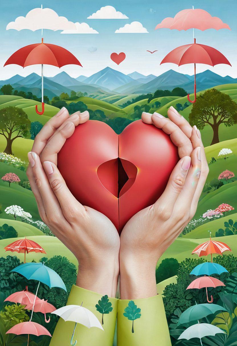 A heart symbol made of interlocking hands, representing trust and unity, surrounded by various insurance icons such as umbrellas, shields, and partnership symbols. The background features a serene landscape symbolizing stability and growth in relationships. Soft pastel colors to evoke warmth and connection. super-realistic. vibrant colors.