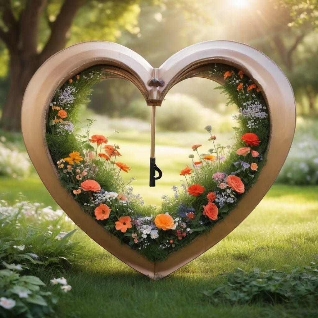 A heart-shaped shield surrounded by diverse couples in various emotional states, showcasing love, support, and protection. Include symbols of insurance like folders and umbrellas, intertwined with flowers and gentle colors to represent emotional wellness. The background should be a serene landscape that suggests safety and contentment. super-realistic. warm color palette. soft focus.